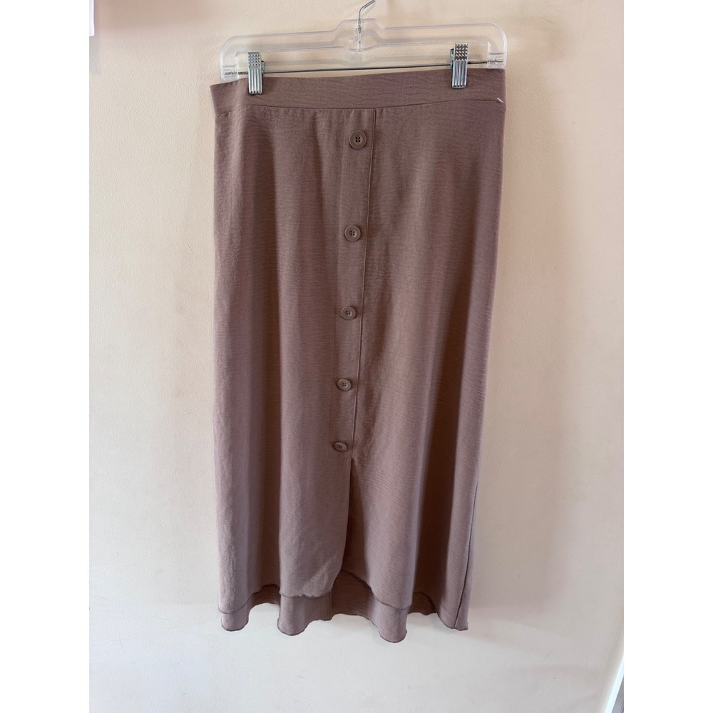 Retrology Mauve Taupe Button Front Midi Skirt Elastic Waist High Low Boho Medium